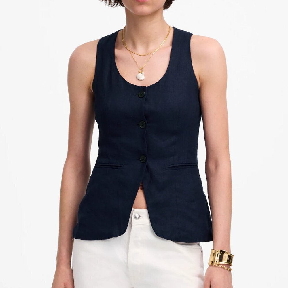 Madewell Scoopneck Cutaway Linen Welt Pockets Vest Navy Size 4/S NWT
